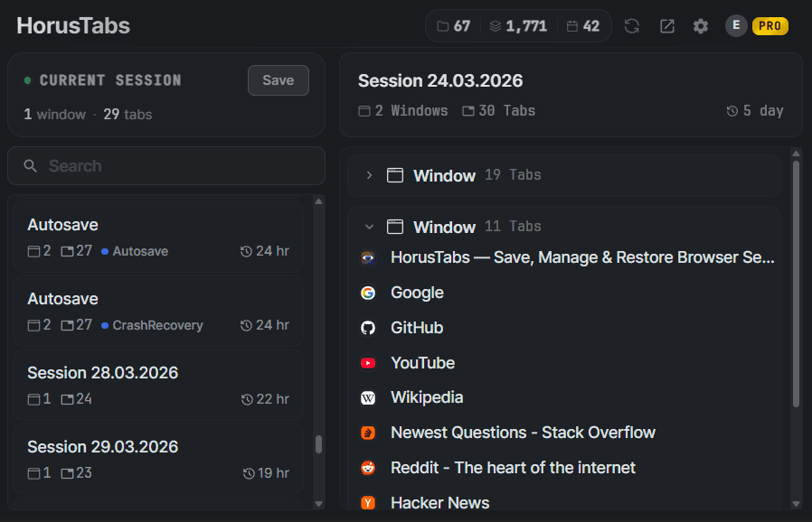 HorusTabs — save and restore browser sessions